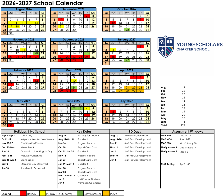 2026-2027 school calendar for Young Scholars Charter School. Open the PDF for the full calendar.